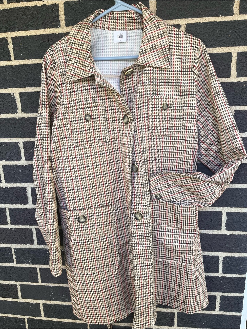 Women’s CAbi Houndstooth Pea Coat in Beige with Red and Black Check L